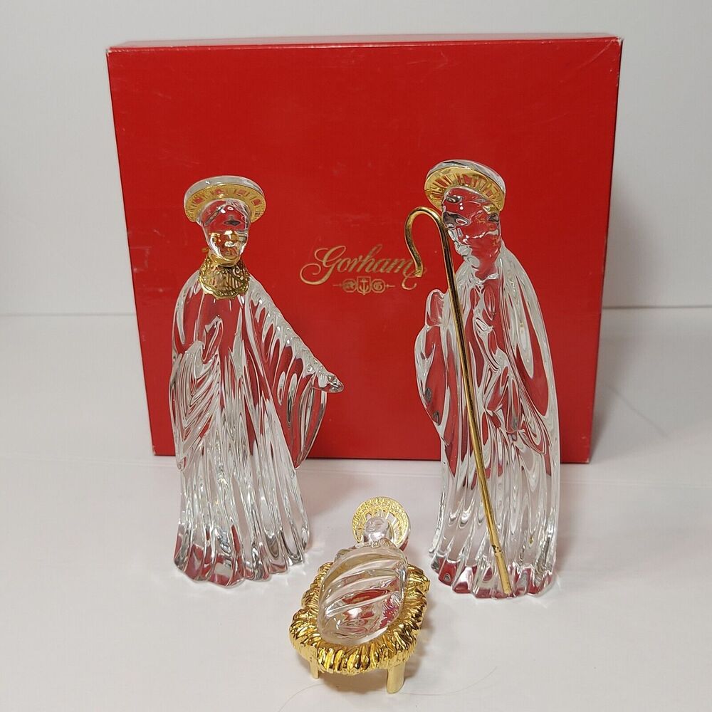 Gorham Germany Nativity Crystal Gold Boxed Figurines Christmas Mary Joseph Jesus